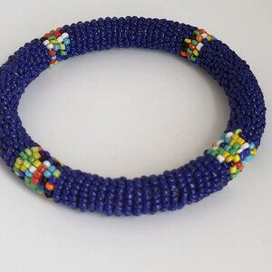 Vintage Seed Bead Slide On Bangle Bracelet Blue 8" x 1/2"
